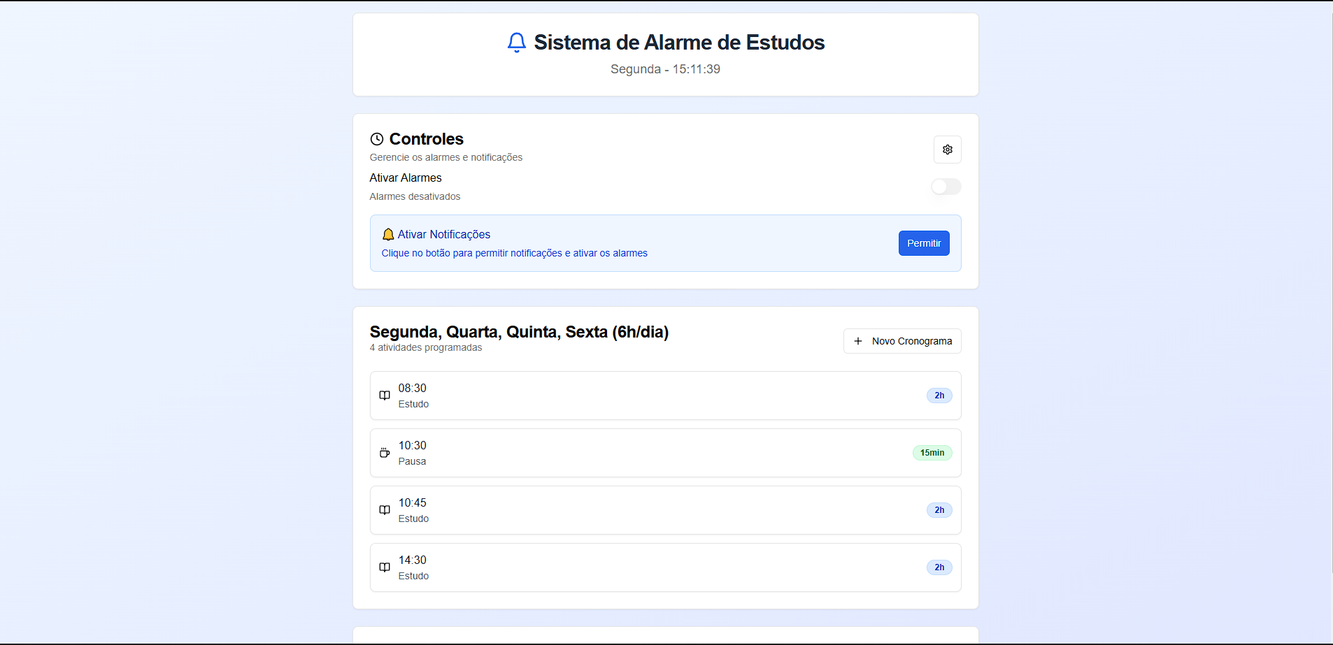 Aplicação web para organizar cronogramas de estudo com alarmes