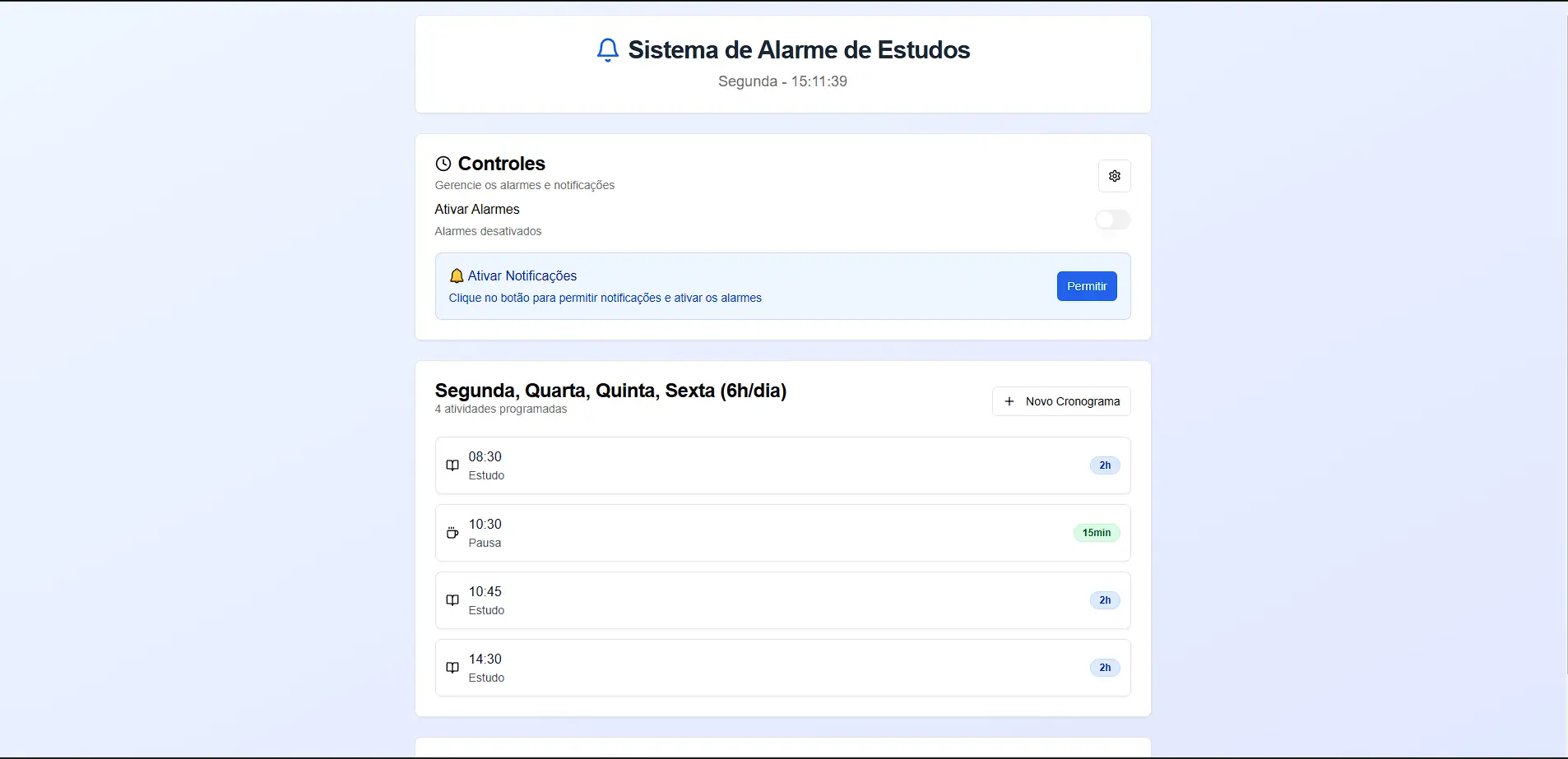 Aplicação web para organizar cronogramas de estudo com alarmes