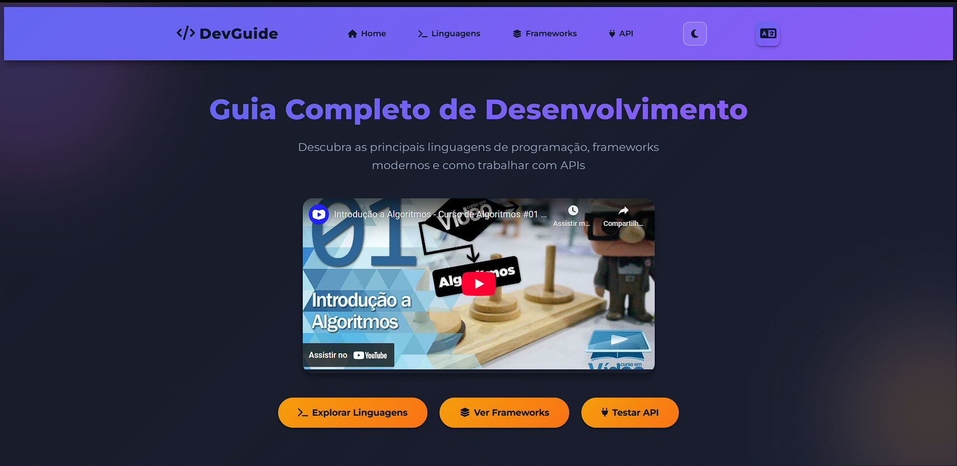 Site educativo sobre linguagens de programação com interface moderna